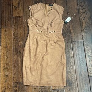 Tahari Camel Faux-Suede Midi Sheath Dress with Gold Chain Detail